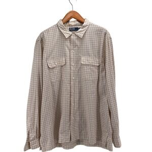 Polo RL 100% Cotton Mens XL Beige Brown Grid Check Button Down Shirt Long Sleeve